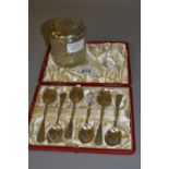 Cased set of six silver teaspoons and a silver mounted cut glass dressing table jar