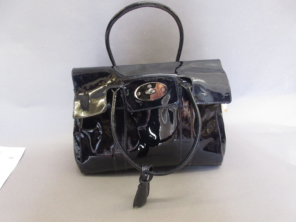 Mulberry navy blue patent leather handbag complete with original dust bag