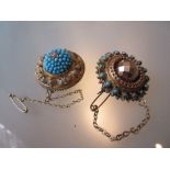 Two Victorian yellow metal and turquoise mounted brooches