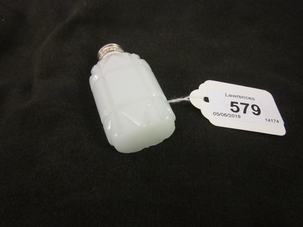 White opaque cut glass perfume bottle with a white metal lid, 6.