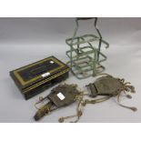 Tin cash box, metal bottle carrier and two bronze and leather mounted flasks,