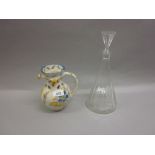 1920's Cut glass decanter with stopper and a Quimper puzzle jug with floral decoration (at fault)