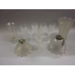 Set of eight Waterford type hobnail cut glass drinking glasses, two glass light shades,