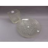 Heavy Scandinavian rectangular glass flower vase and a circular French floral etched bowl / dish