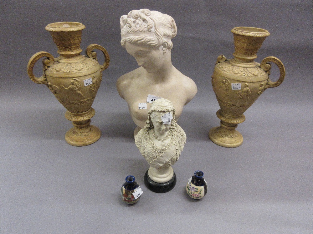 Composition bust of a lady, pair of Continental pottery two handled vases (at fault),