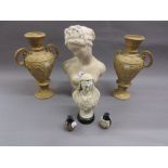 Composition bust of a lady, pair of Continental pottery two handled vases (at fault),