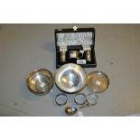 Silver three piece condiment set in original box, two silver bowls and a silver dish,
