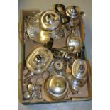Box containing a quantity of various silver plated items including teapots, biscuit barrel,