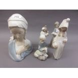 Lladro bust of a girl together with three smaller Lladro figures of girls and a similar continental