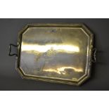 French silver two handled tray having cast border and central engraved family crest bearing various