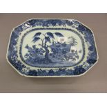 Small 18th Century Chinese blue and white irregular octagonal platter decorated with flowering