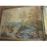 19th Century woolwork picture, travellers and a horse and cart in a wooded landscape, 19ins x 25ins,
