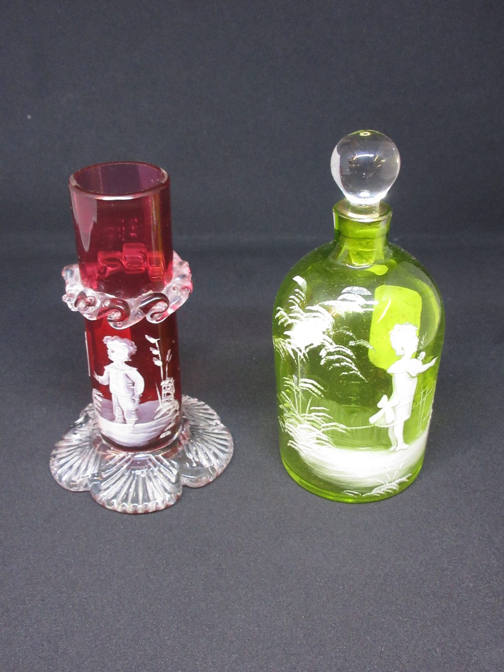 19th Century Mary Gregory green tinted small decanter with stopper,