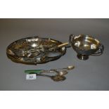 Silver preserve spoon, three other silver flatware items and a quantity of silver plated flatware,