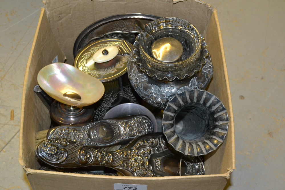 Silver mounted four piece dressing table set, silver mounted trinket dish with shell bowl,