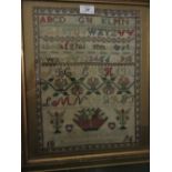19th Century needlework, pictorial and alphabet sampler, dated 1876,