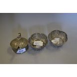 George III silver mustard with chased decoration, pair of small silver trinket dishes,