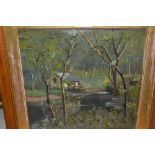 Andrew Hislop, oil on panel, view of a riverside cottage in a woodland landscape, signed,