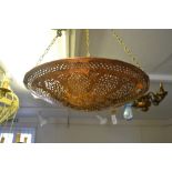 Persian style copper engraved and pierced hanging ceiling shade on brass chains