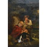 19th Century oil on canvas, family huddled beneath a tree with dog and sheep,