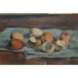 Desmond Harmsworth, oil on canvas, still life study, eggs on a table, signed, 10ins x 16ins, framed,