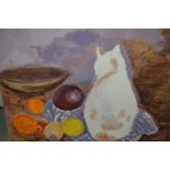 Margaret Harmsworth, oil on canvas, study of fruit and a cat, signed, 21ins x 25.