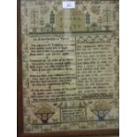 Victorian pictorial and motto sampler, signed Elizabeth Studley, 1851, 16ins x 12ins,