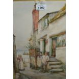 Ern Hill, watercolour, back street scene with figures in Newlyn, dated 1901, gilt framed,