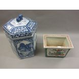 Reproduction Chinese famille verte rectangular jardiniere and a similar blue and white hexagonal