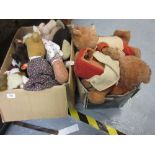 Box containing a quantity of various soft toys and another box with various items including Teddy