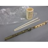 Asian bone handled knife in metal scabbard and a chopstick set,