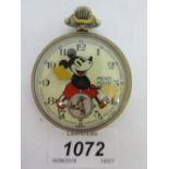 Ingersoll Mickey Mouse nickel plated open faced pocket watch with crown wind CONDITION