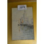 Small gilt framed Venetian watercolour, various moored boats and gondolas, monogrammed A.P.