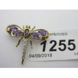 9ct Gold amethyst set brooch in the form of a dragonfly