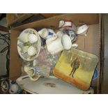 Box containing a quantity of various ceramics including Royal Doulton Hamlet plate etc.