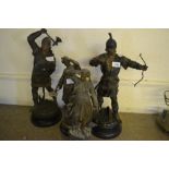 Pair of late 19th or early 20th Century dark patinated spelter figures of warriors (at fault),