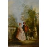 Manner of Watteau, oil on panel, two figures in a formal garden, unsigned, in a heavy gilt frame,