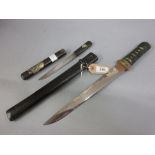 Japanese dagger with shagreen grip and black wooden scabbard and a small Japanese knife with wooden