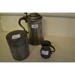 Antique lidded pewter jug with glass base, Asian circular tea caddy stamped ' Shanghing Pewter Shop,