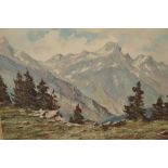 Maximillian Strasky, 20th Century oil on canvas, view of the Alps with mountain chalet,