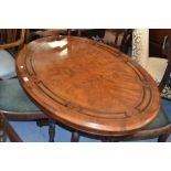 Victorian oval figured walnut and inlaid loo table on turned column and splay supports