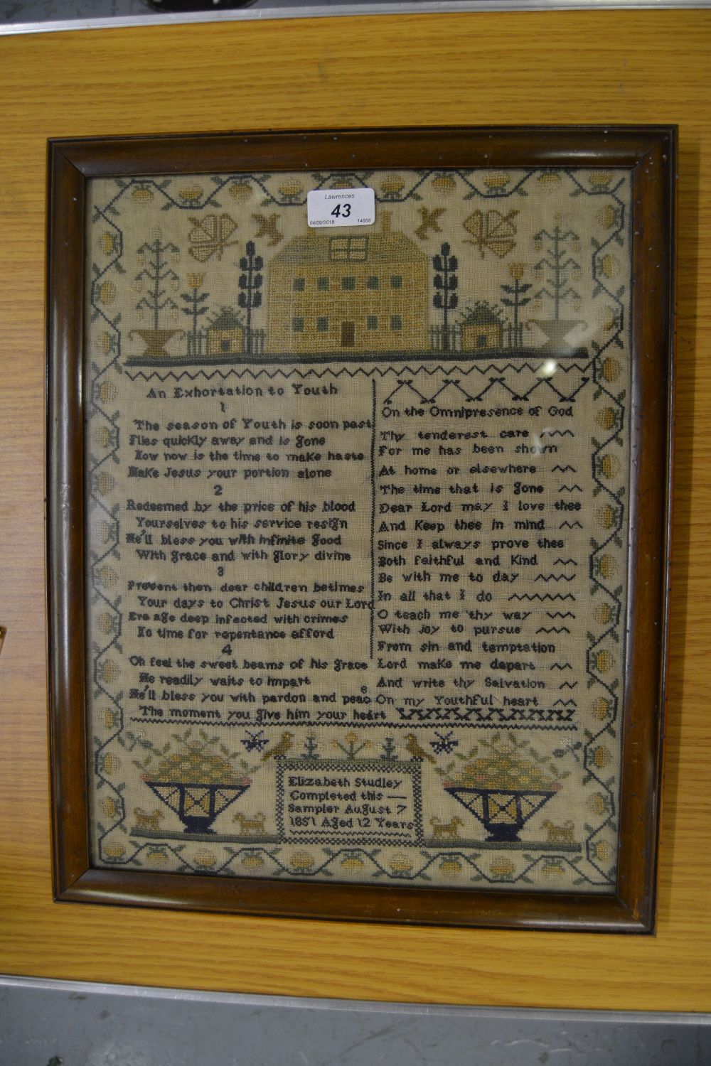 Victorian pictorial and motto sampler, signed Elizabeth Studley, 1851, 16ins x 12ins, - Image 2 of 5