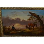 Follower of Charles Towne, oil on panel, figures and animals in a sunset landscape, 6.