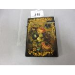 19th Century papier mache visiting card case painted with flowers and gilded borders