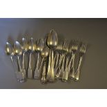 Two silver old English thread pattern serving spoons, six other various spoons,