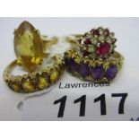 9ct Gold five stone amethyst ring, a similar five stone citrine ring,