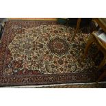 Small Kashan rug with a medallion and all-over floral design on an ivory ground with borders,