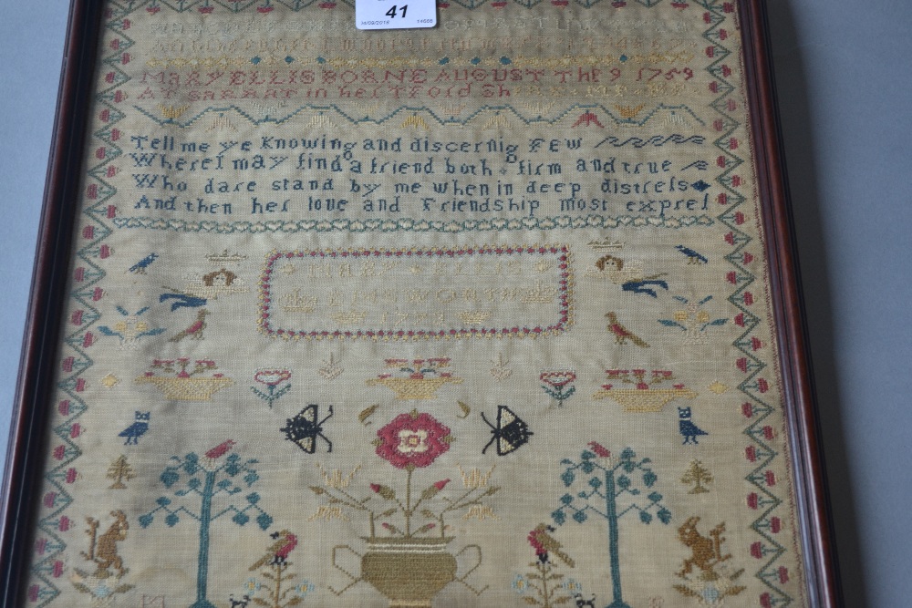 18th Century needlework sampler, signed Mary Ellis Emsworth, 1773,