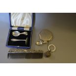 Cased silver Christening set, white metal compact, silver mounted comb,