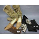 Pair of ladies fur lined Timberland muck boots, size 7W, together with a pair of ladies Tod's shoes,